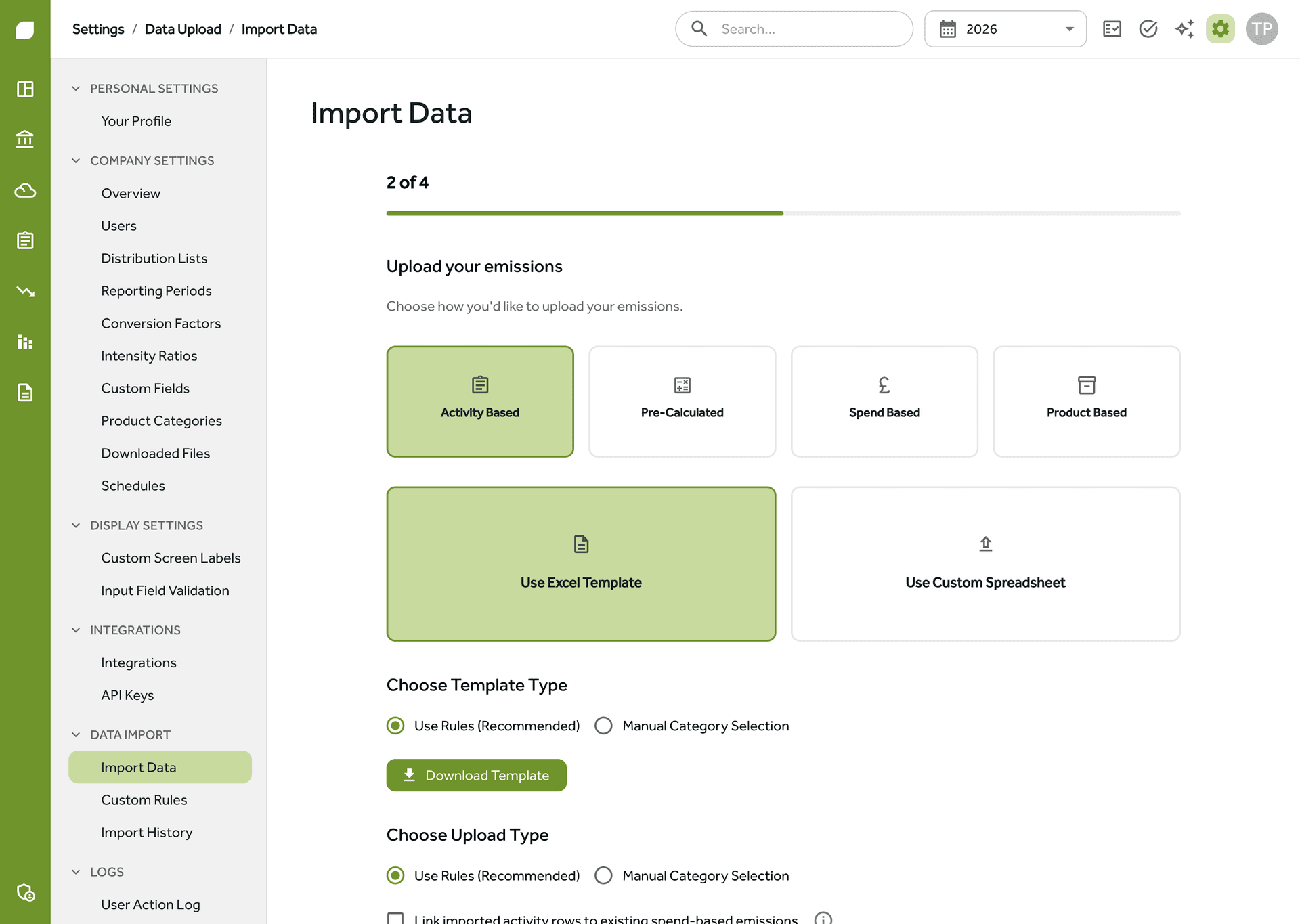 The import wizard in Gaia Carbon Accounting at the upload step, offering activity, pre-calculated, spend and product-based imports